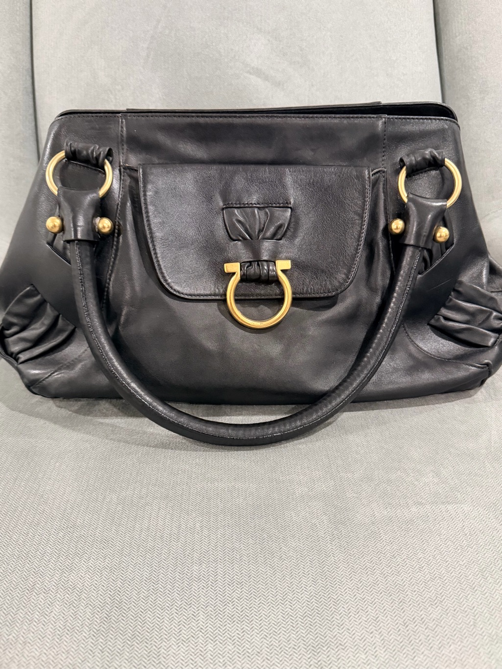 Black Leather Ferragamo Satchel Handbag With Gold Hardware